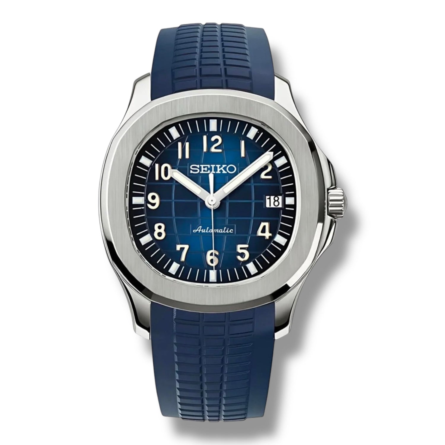 Montre Seiko automatique avec cadran bleu texturé et index luminescents blancs. Boîtier en acier inoxydable brossé, bracelet en caoutchouc bleu résistant et fonction date discrète à 3 heures. Style sophistiqué et sportif idéal pour les aventures quotidiennes