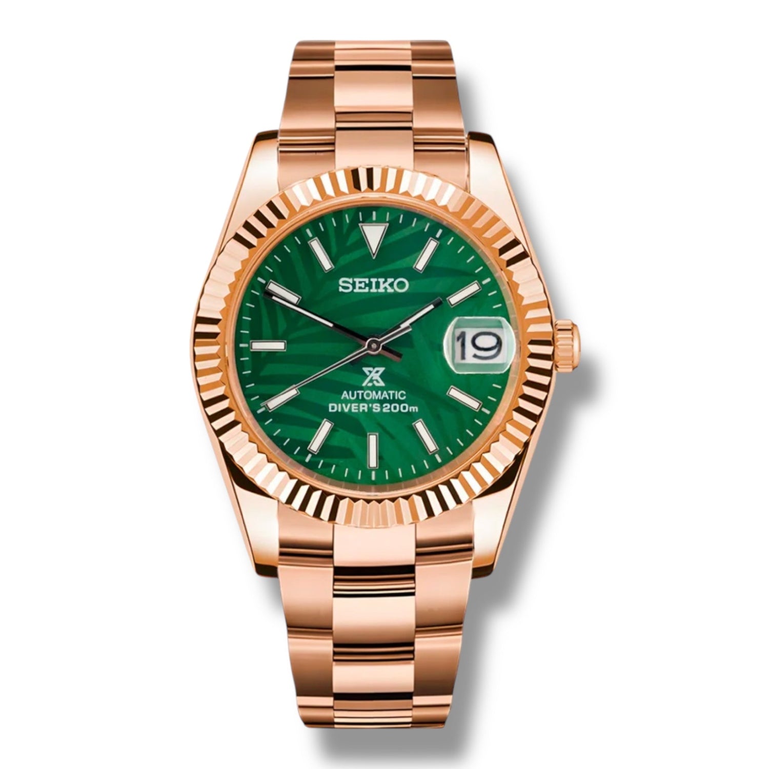 Montre Seiko RoseGold en acier doré rose – Cadran vert profond avec motif tropical, lunette cannelée et mouvement automatique haute précision bracelet Oyster en acier doré rose pour une élégance luxueuse et raffinée