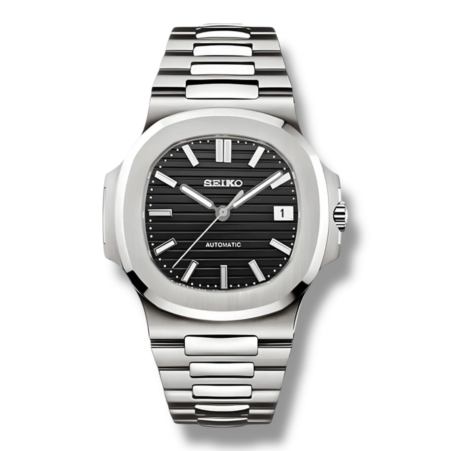 Montre Seiko Nautilus Black en acier inoxydable – Cadran noir texturé, index luminescents et mouvement automatique haute précision. Élégance et sobriété pour un style intemporel