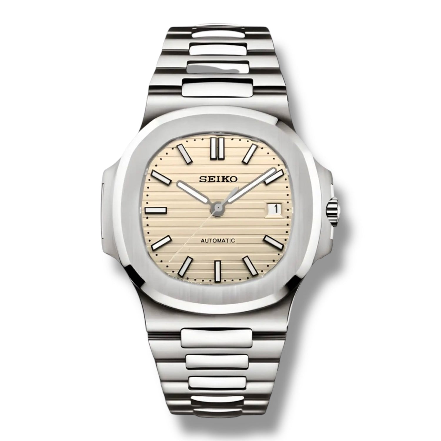 Montre Seiko Nautilus Cream en acier inoxydable – Cadran crème texturé, index luminescents et mouvement automatique de haute précision. Élégance et sobriété intemporelle