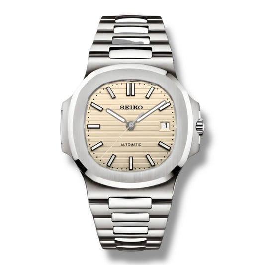 Montre Seiko Nautilus Cream en acier inoxydable – Cadran crème texturé, index luminescents et mouvement automatique de haute précision. Élégance et sobriété intemporelle