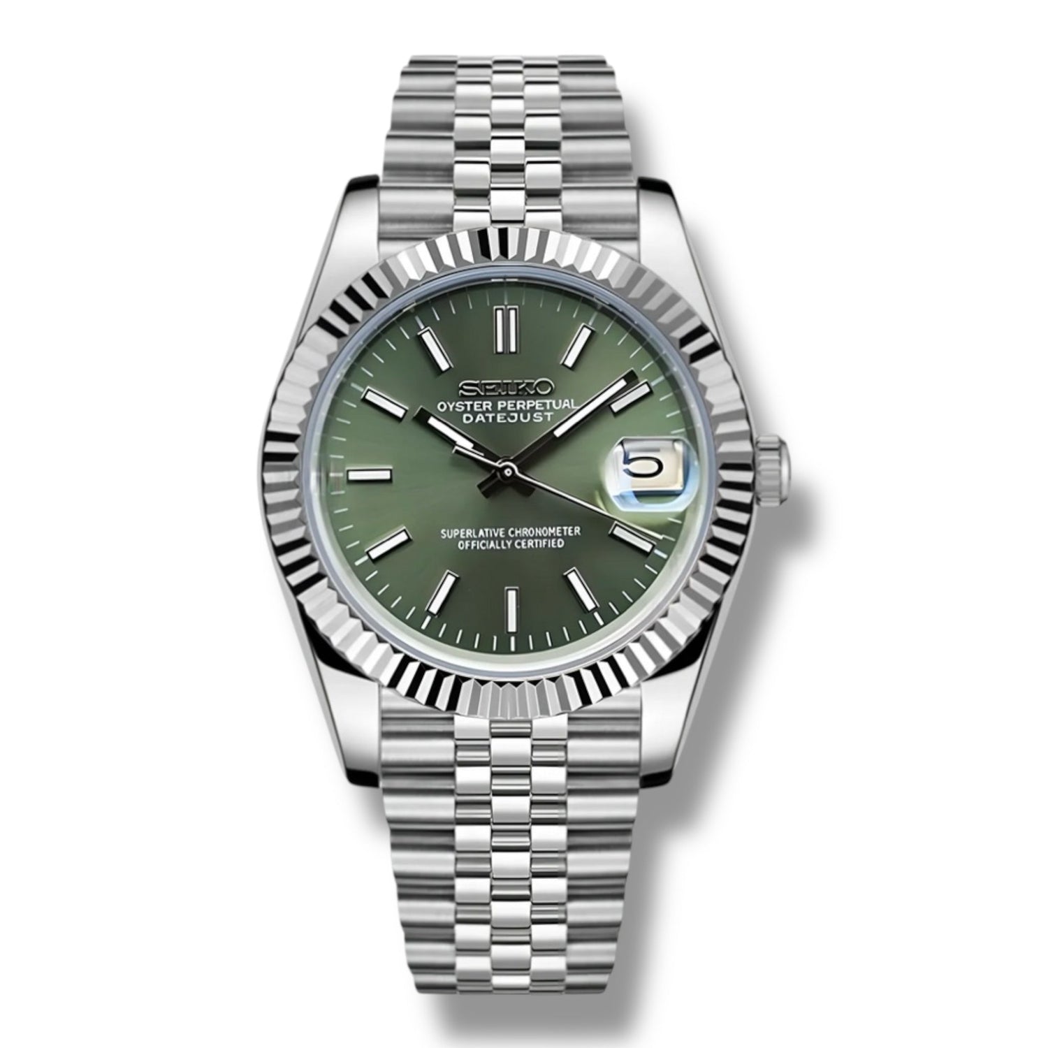 Montre Seiko Oyster Perpetual Datejust avec cadran vert menthe subtil et index appliqués en acier argenté. Lunette cannelée en acier inoxydable et bracelet à maillons Jubilee. Guichet de date avec loupe signature à 3 heures.