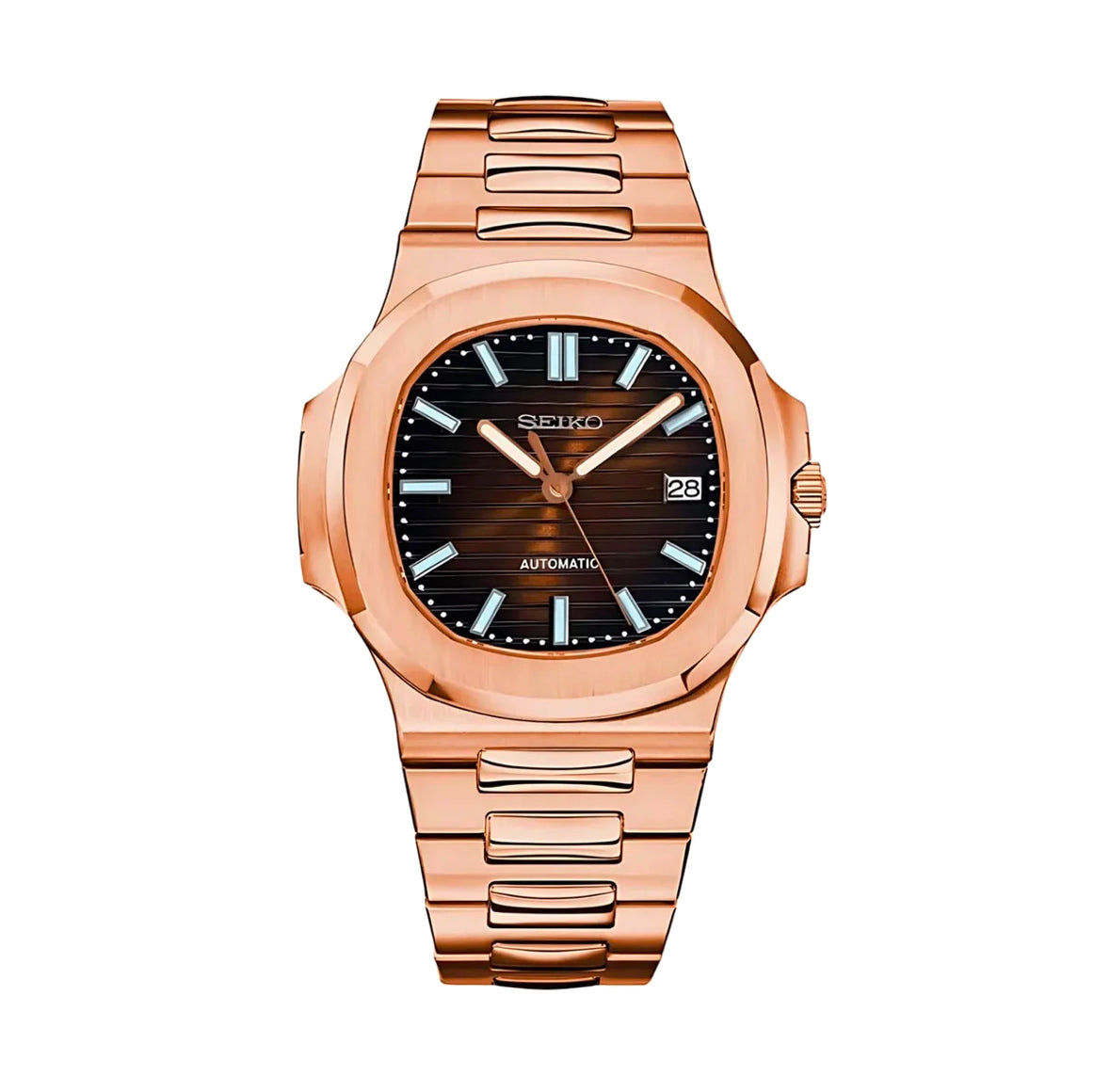 Montre Seiko Nautilus Rose Gold en acier doré rose – Cadran noir texturé, index luminescents et mouvement automatique haute précision. Luxe et raffinement au poignet