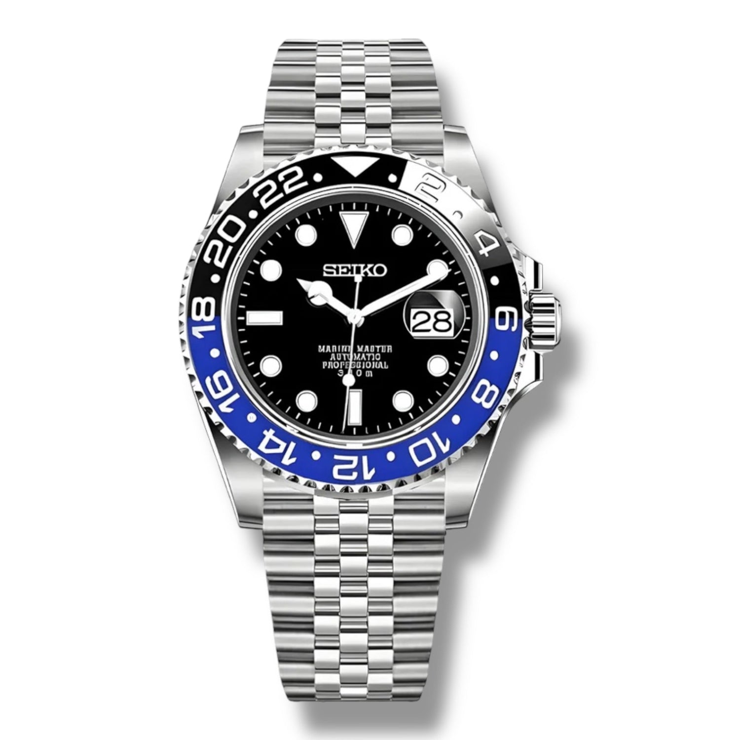 Montre Submariner Batman avec cadran noir raffiné, lunette noire et bleue indiquant les 24 heures, fonction GMT et affichage de la date avec loupe. Le bracelet Jubile en acier inoxydable apporte une touche classique et élégante