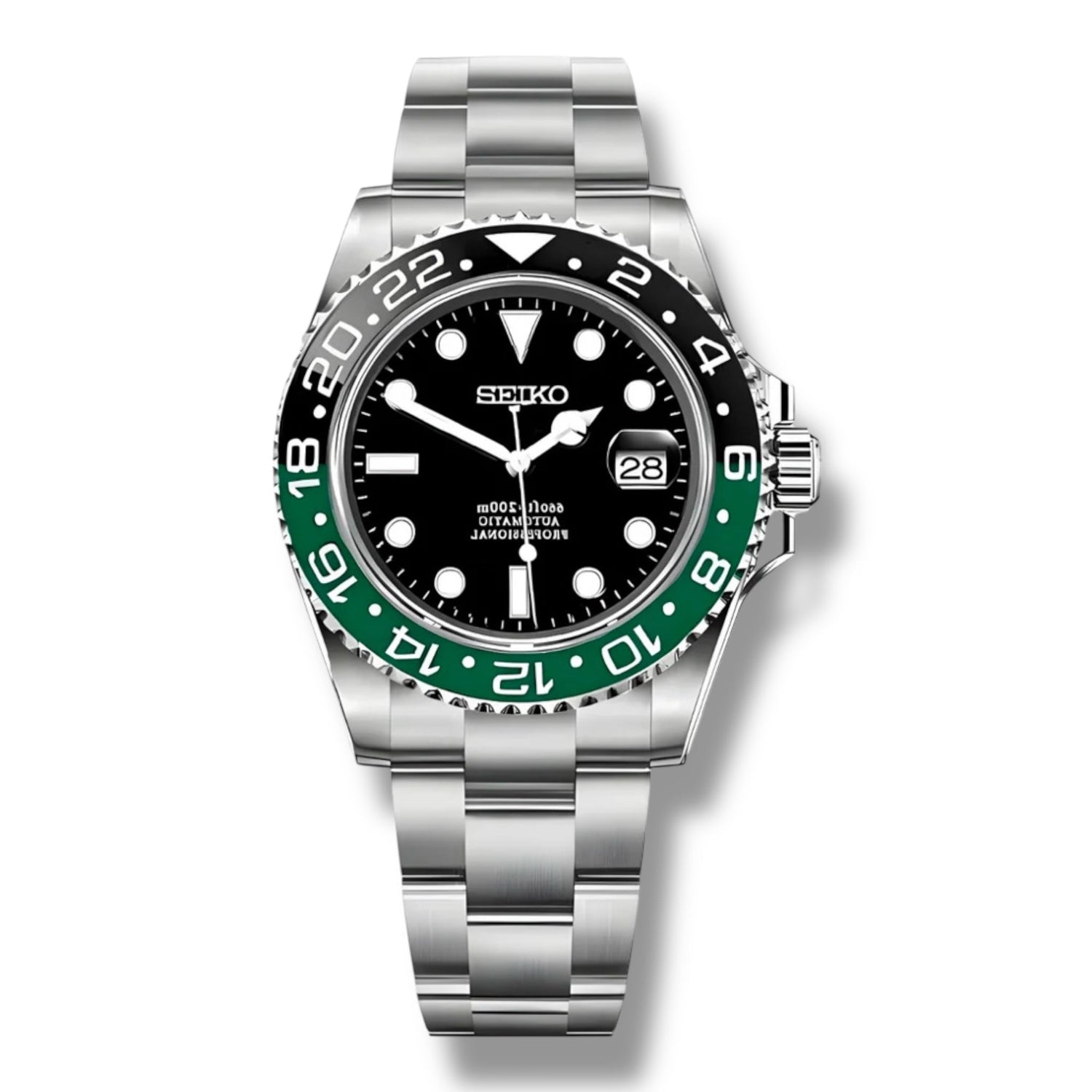 Montre Seiko Submariner Sprite – Modèle automatique avec cadran noir, lunette bicolore verte et noire en céramique et bracelet en acier inoxydable. Fonction GMT avec aiguille dédiée et affichage de la date sous loupe cyclope